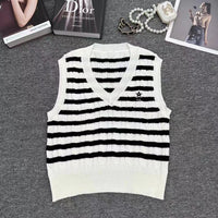 V-neck stripe knitted vest tops women 2024 high quality