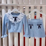 knitted sweater short cardigan+A-line skirt set women 2024 blue SML