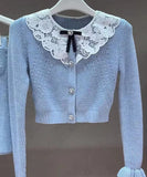 knitted sweater short cardigan+A-line skirt set women 2024 blue SML