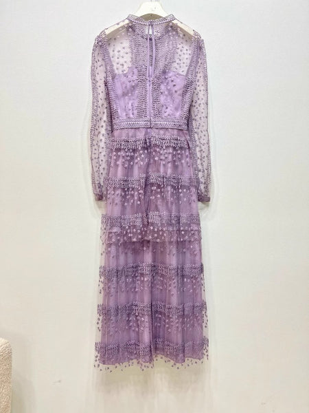 Sexy Perspective Heavy Industry Embroidered Flower Long sleeved Purple Layered Dress