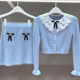 knitted sweater short cardigan+A-line skirt set women 2024 blue SML