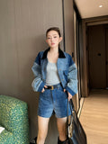 Mi*Mi* black lapel patchwork denim jacket loose coat fashion women 2024 blue SML new