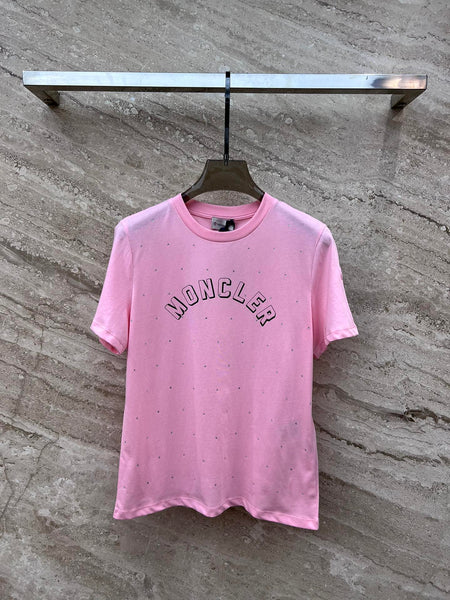 Moncle* hot drill short sleeve t-shirt loose tops women white pink 2024 SML