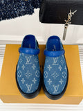 LV print leather denim mules casual shoes fltas comfort women 2024 35-41